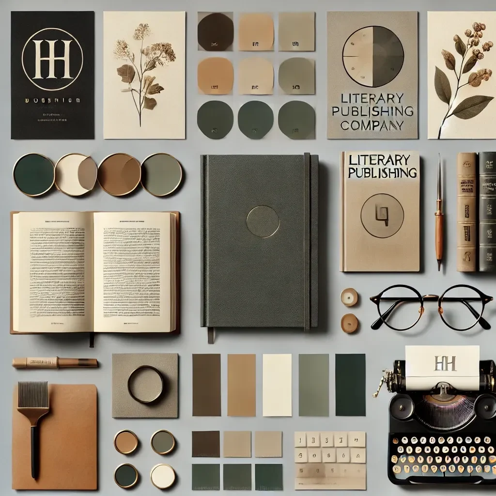A tactile editorial moodboard with books, paper, earth tones, and a typewriter