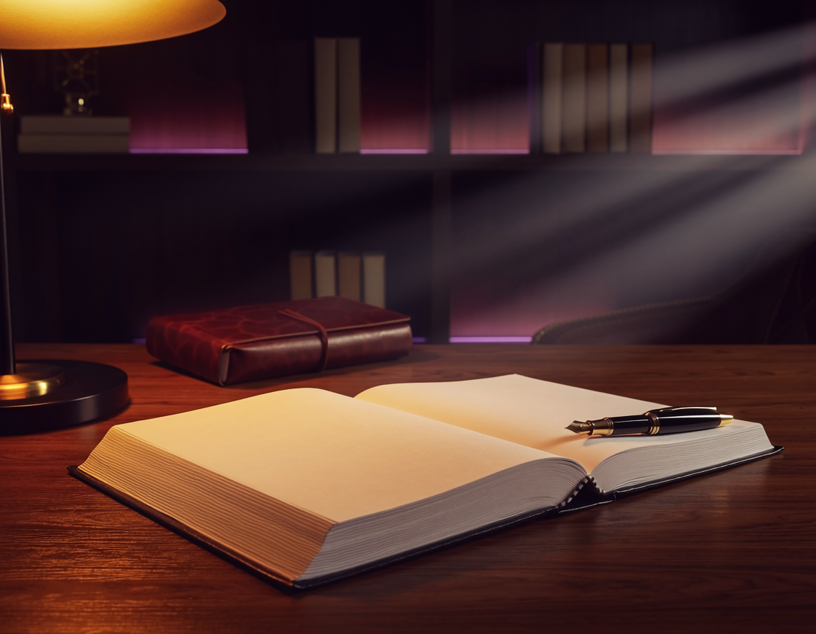An open book and fountain pen resting on a warm wooden writing desk