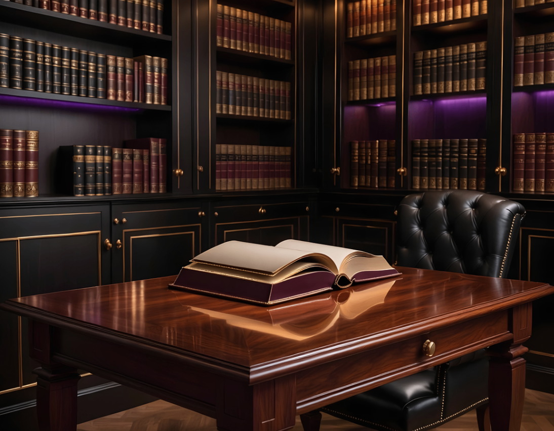 A leather-bound book open on a polished library table