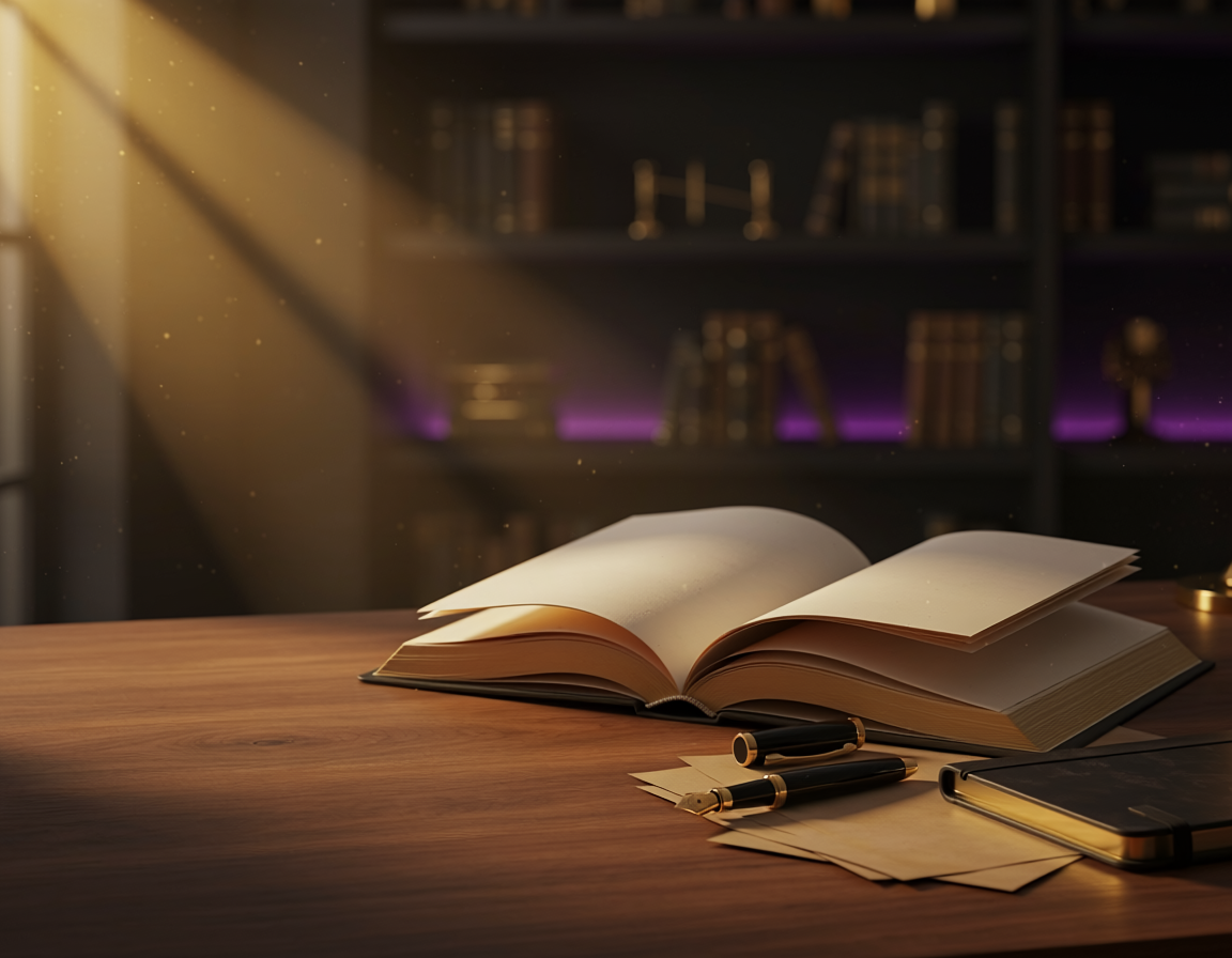 An open book, pens, and a notebook on a writer’s desk
